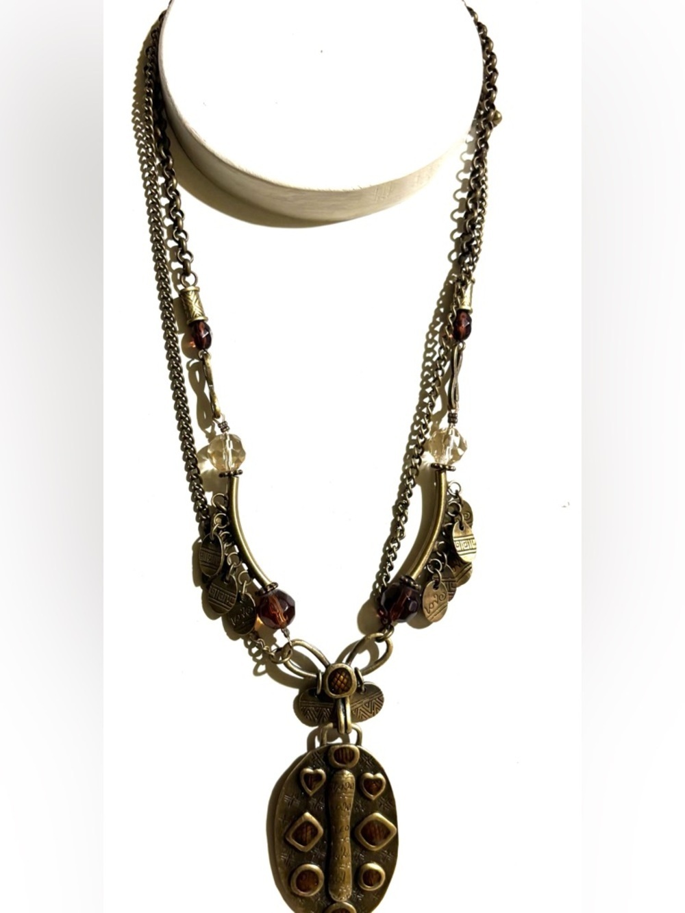 Antique Gold-Tone Pendant Necklace with Amber and Crystal Beads